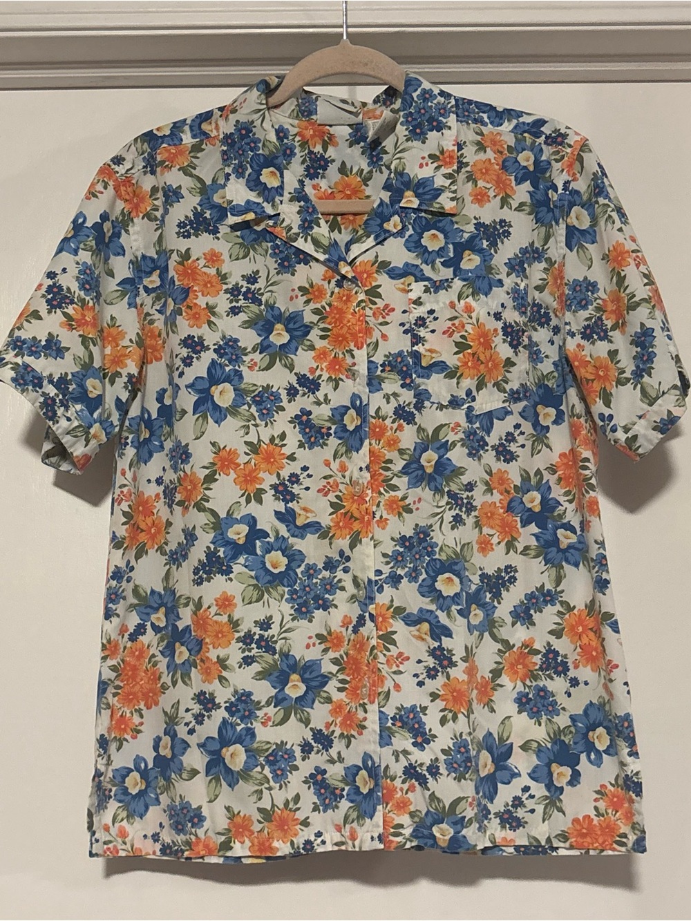 Bobbie Brooks Women's Floral Button-Down Shirt - Blue & Orange on Cream